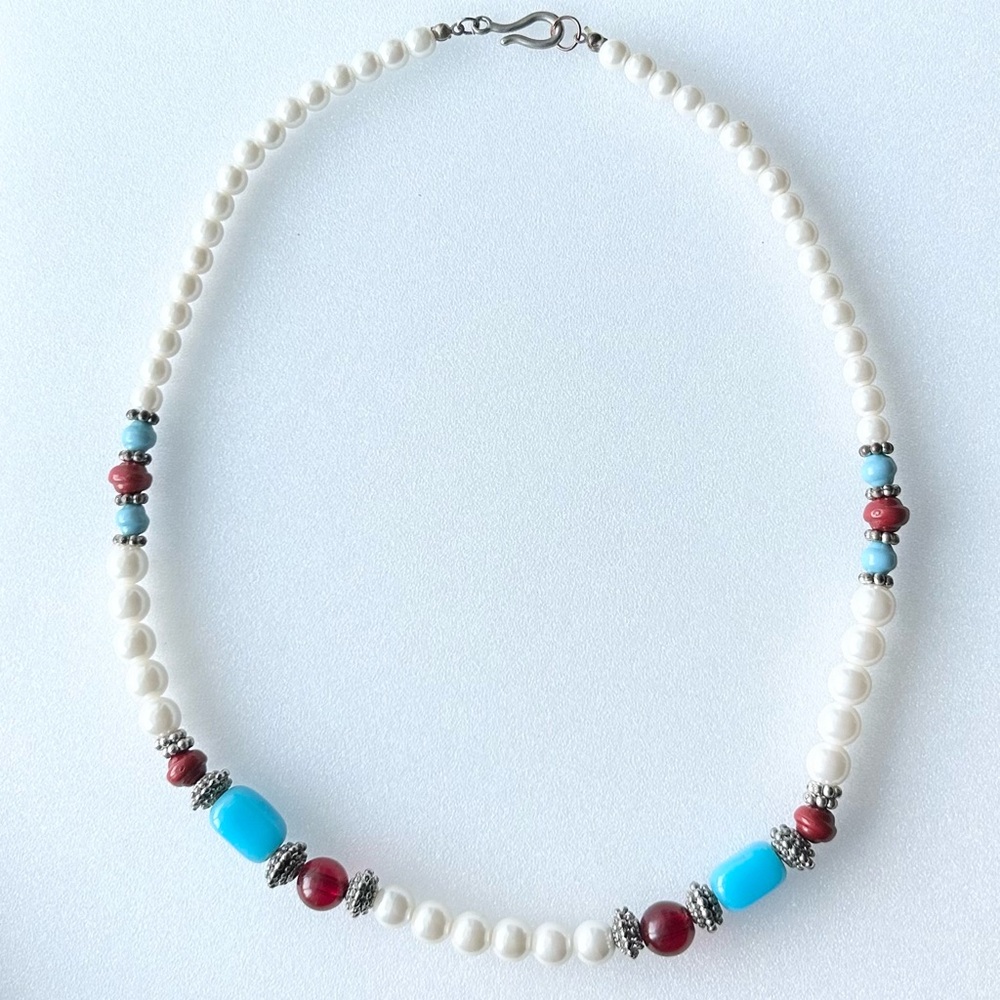 Vintage Glass Pearl Beads Blue and Red Art Glass Beads 20” Silver Tone Spacers